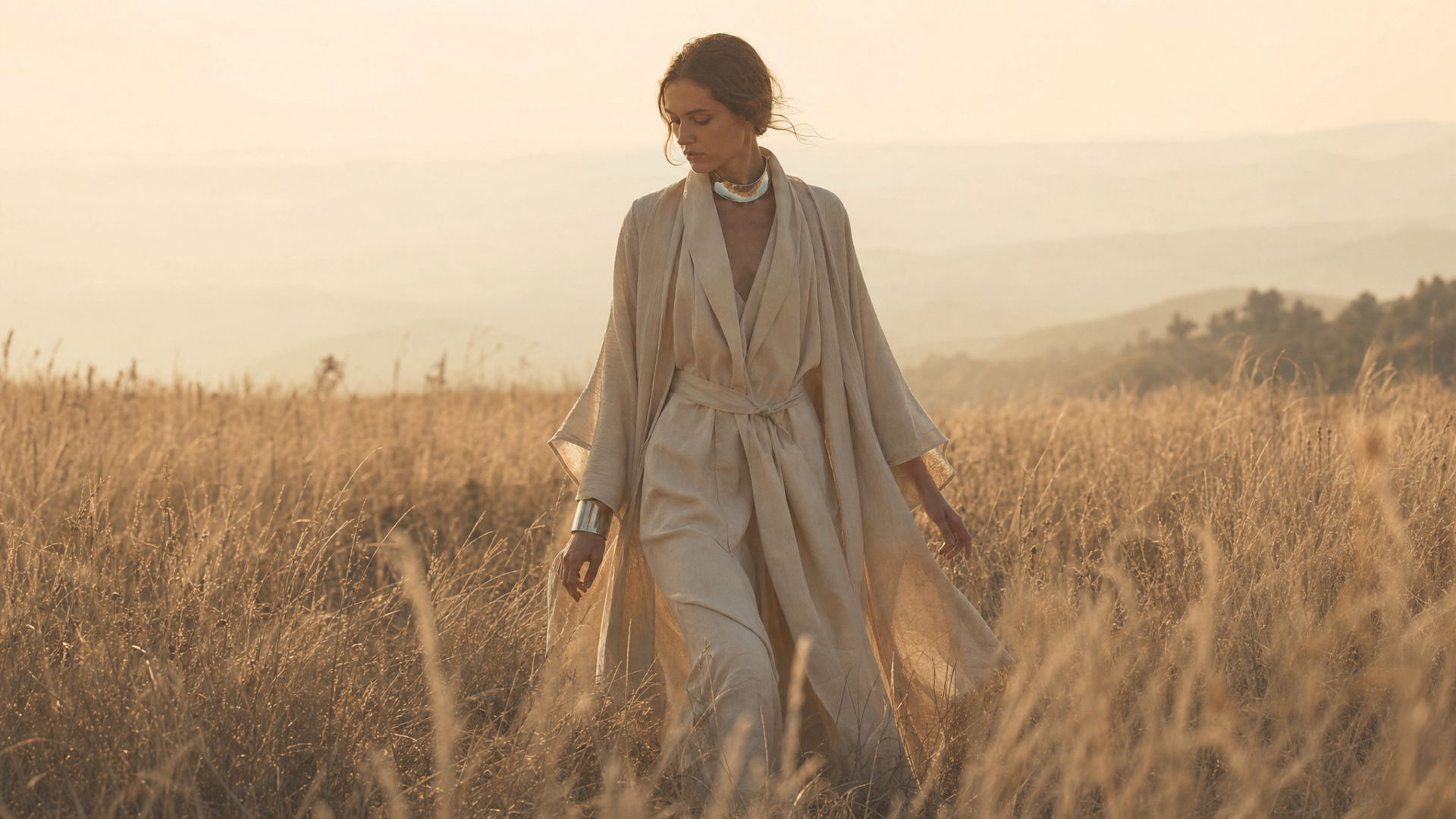 A figure in soft neutral garments walking through a warm field with chrome jewelry